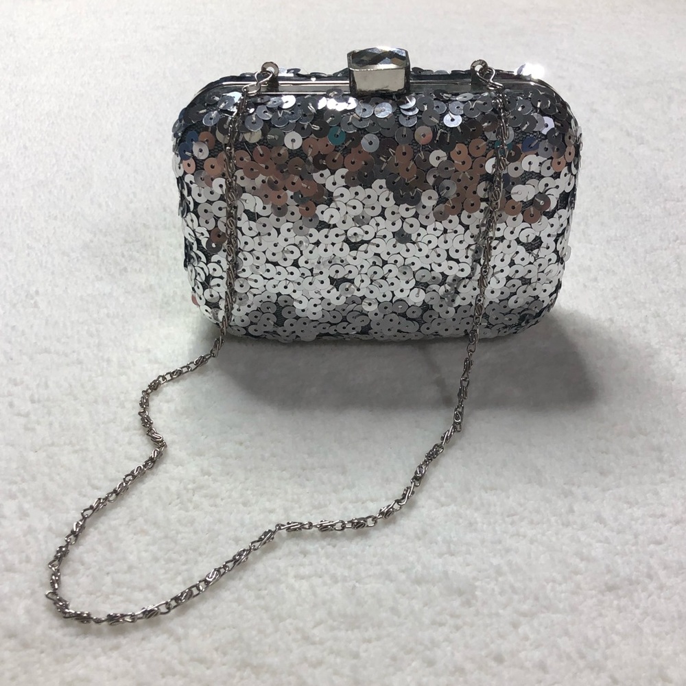 Jessica McClintock Silver Sequin Box Clutch